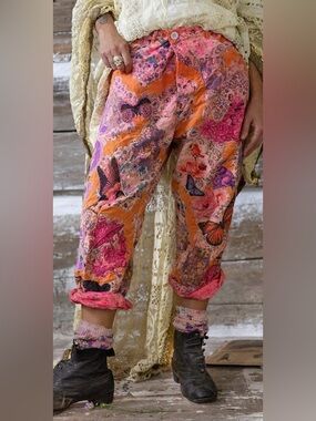 Magnolia Pearl Minors Butterfly Vibrant Pink/Orange Patchwork Floral Pants/OS